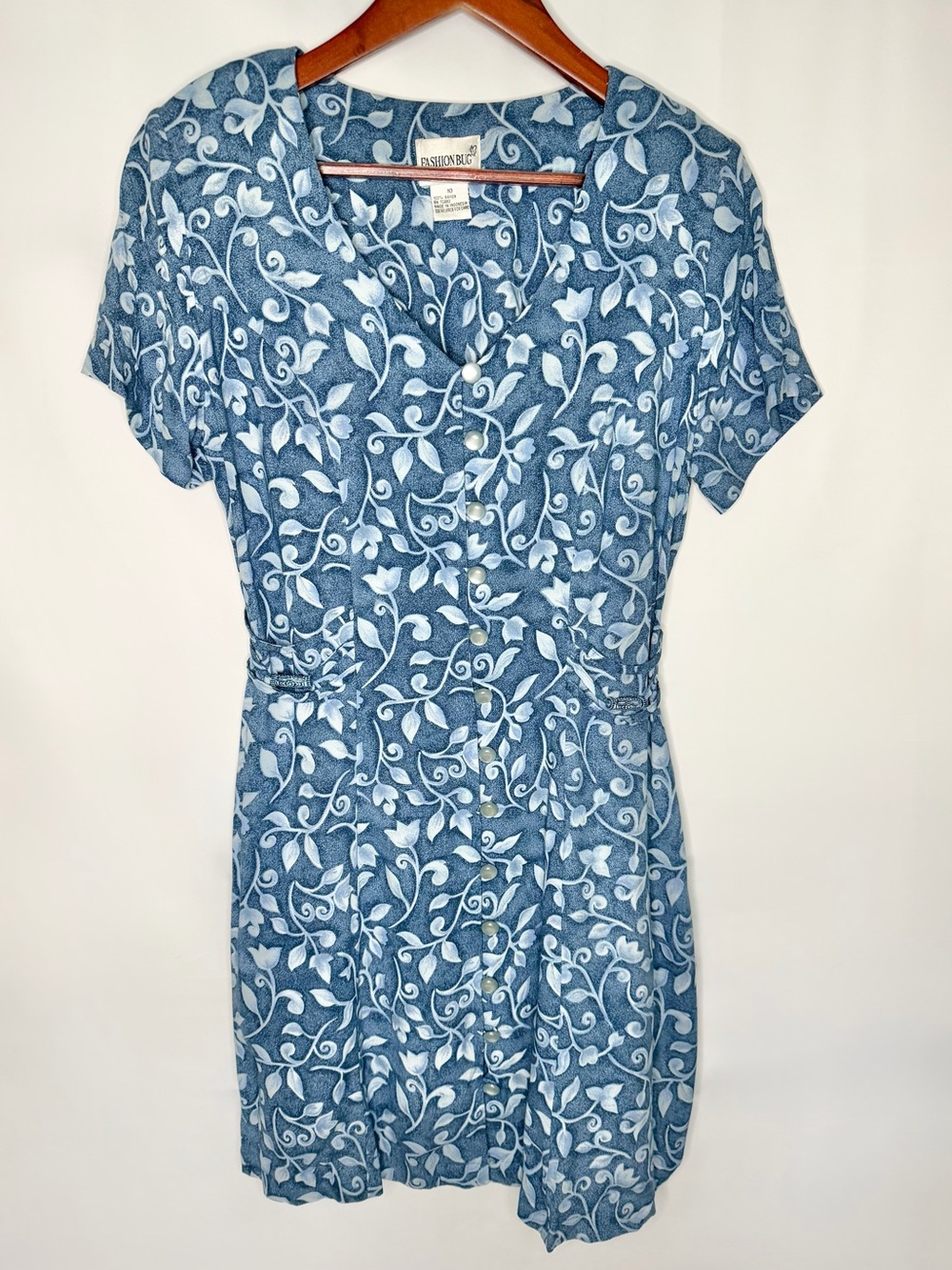 Vintage 90s Fashion Bug Blue Floral Rayon Button Front Dress Cottage | Size 10